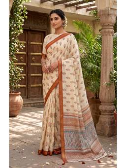 Elora - Beige Floral Printed Ready To Wear Saree