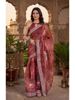 Elora - Rust Chanderi Cotton Pichwai Style Printed Ready To Wear Saree