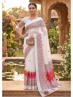 Elora - White Chanderi Cotton Block Printed Ready To Wear Saree
