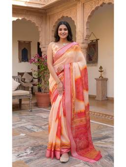 Elora - Peach Bandhani Printed Ready To Wear Saree