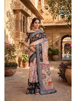 Elora - Cream-Black Digital Floral Printed Ready To Wear Saree