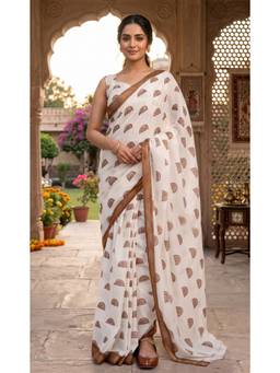 Elora - Off White Block Printed Ready To Wear Saree