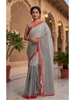 Elora - Black-White Striped Checks Printed Ready To Wear Saree