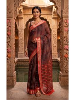 Elora - Brown Striped Printed Ready To Wear Saree