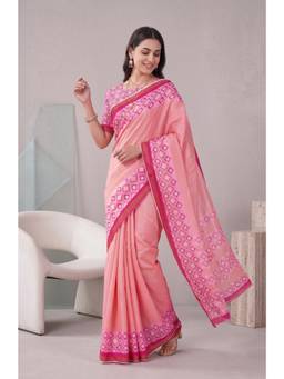 Elora - Peach Linen Block Digital Printed Saree