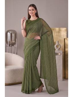 Elora - Olive Linen Zig-Zag Digital Printed Saree