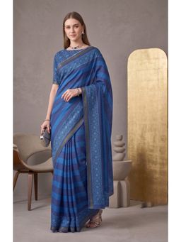 Elora - Navy Blue Linen Stripes Digital Printed Saree