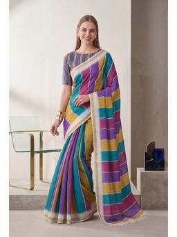 Elora - Multi-Color Linen Stripes Digital Printed Saree