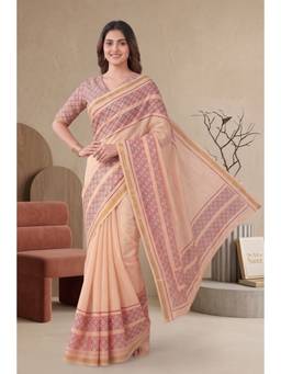 Elora - Peach Linen Geometric Digital Printed Saree