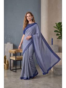 Elora - Royal Blue Linen Digital Checks Printed Saree