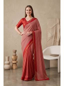 Elora - Red Linen Digital Checks Printed Saree