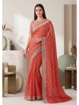 Elora - Orange Linen Batik Printed Digital Printed Saree