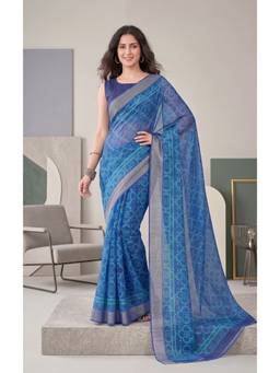 Elora - Blue Linen Bandhani Digital Printed Saree