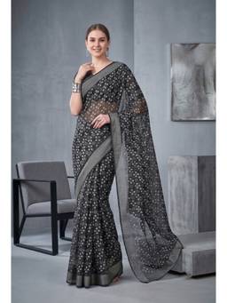 Elora - Black Linen Block Printed Digital Printed Saree