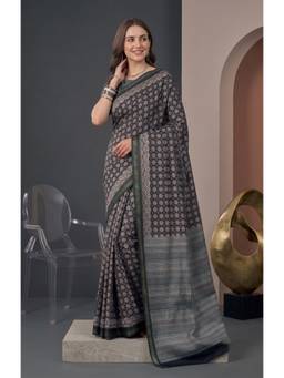 Elora - Black Linen Floral Ajrakh Printed Digital Printed Saree