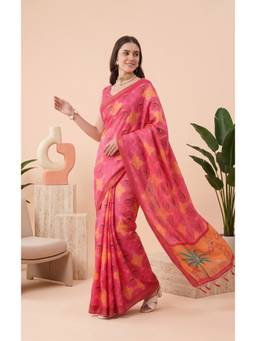 Elora - Rose Pink Linen Floral Digital Printed Saree