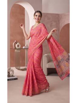 Elora - Pink Linen Bandhani Digital Printed Saree