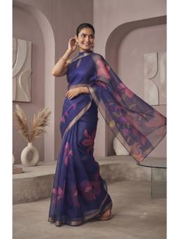 Elora - Blue Linen Motifs Checks Floral Digital Printed Saree