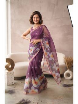 Elora - Purple Linen Floral Motifs Digital Printed Saree