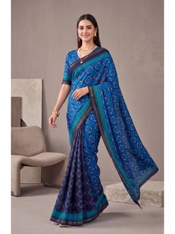 Elora - Royal Blue Linen Geometric Digital Printed Saree
