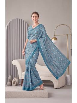 Elora - Light Blue Linen Block Printed Digital Printed Saree