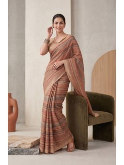 Elora - Brown Linen Stripes Digital Printed Saree