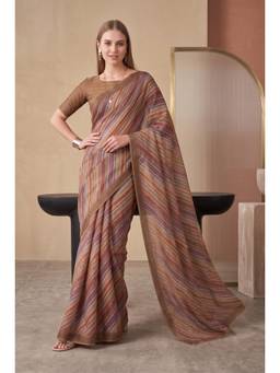 Elora - Multi-Color Linen Stripes Digital Printed Saree