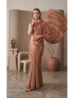 Elora - Brown Linen Stripes Digital Printed Saree