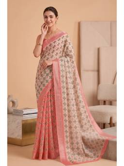 Elora - Peach-Cream Linen Digital Floral Printed Saree