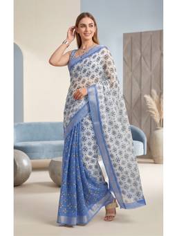 Elora - Blue-White Linen Digital Floral Printed Saree