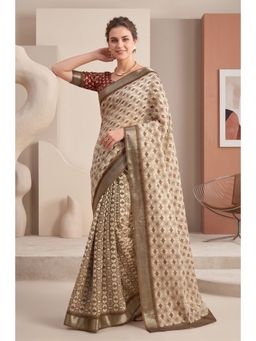 Elora - Beige Linen Ajrakh Digital Printed Saree