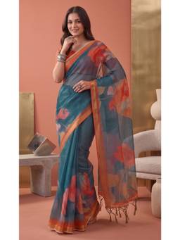 Elora - Teal Linen Botanical Digital Floral Printed Saree