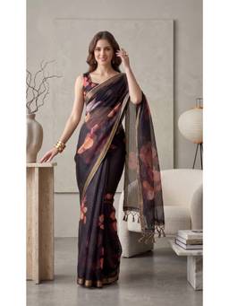 Elora - Black Linen Floral Digital Printed Saree