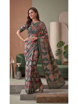 Elora - Green Linen Digital Floral Printed Saree