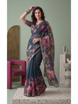 Elora - Teal Linen Botanical Design Digital Floral Printed Saree