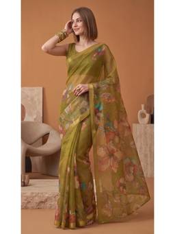 Elora - Olive Linen Botanical Design Digital Floral Printed Saree