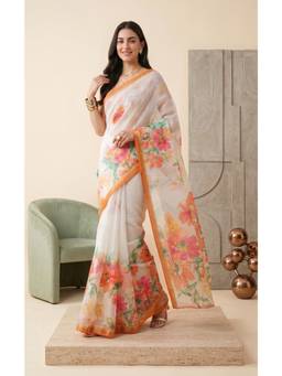 Elora - White Linen Floral Digital Printed Saree