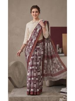 Elora - Maroon Linen Geometric Digital Printed Saree