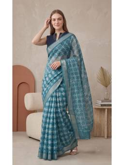Elora - Teal Linen Digital Printed Saree