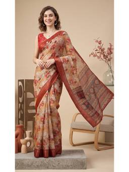 Elora - Rust Linen Digital Floral Printed Saree