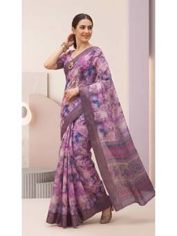 Elora - Purple Linen Digital Floral Printed Saree