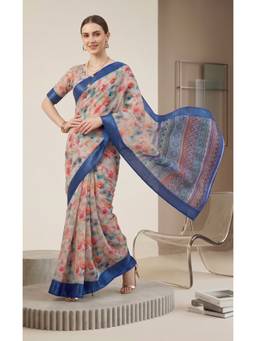 Elora - Multi-Color Linen Digital Floral Printed Saree