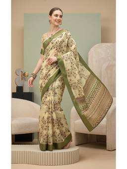 Elora - Cream Linen Floral Block Printed Digital Saree