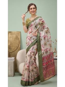 Elora - Off White Linen Floral Digital Printed Saree