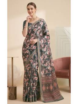 Elora - Green Linen Floral Digital Printed Saree