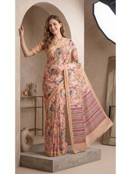 Elora - Beige Linen Floral Digital Printed Saree