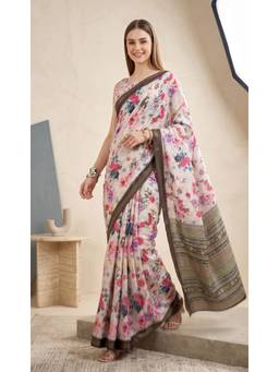 Elora - Off White Linen Floral Digital Printed Saree
