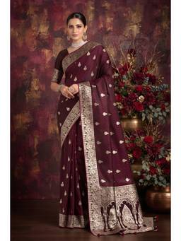 Monjolika Fashion - Maroon Zari Woven Soft Banarasi Silk Saree