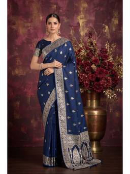 Monjolika Fashion - Navy Blue Zari Woven Soft Banarasi Silk Saree
