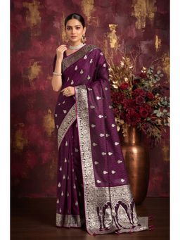 Monjolika Fashion - Wine Zari Woven Soft Banarasi Silk Saree